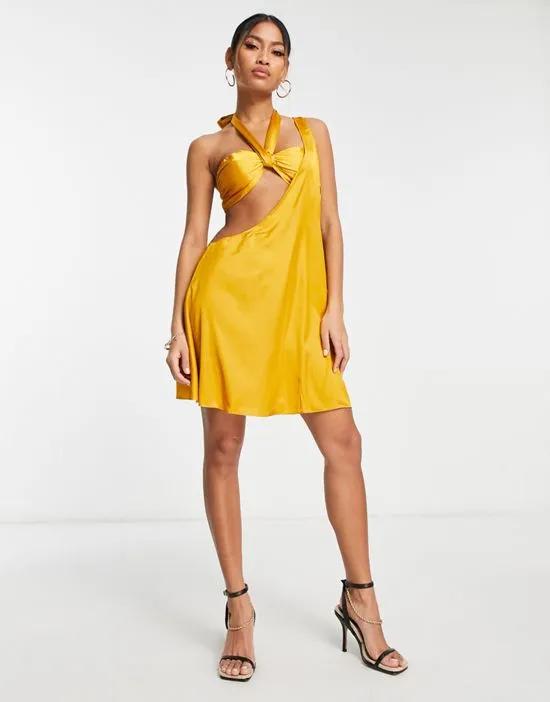 Ei8th Hour cut out draped satin mini dress in chartreuse mustard