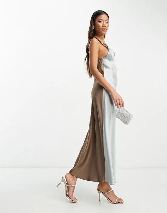 elasticated back satin slip midi dress in gray and mocha color block