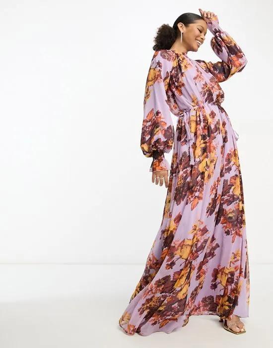 elasticated neck trapeze maxi dress with tie waist and shirred cuff in bold floral print