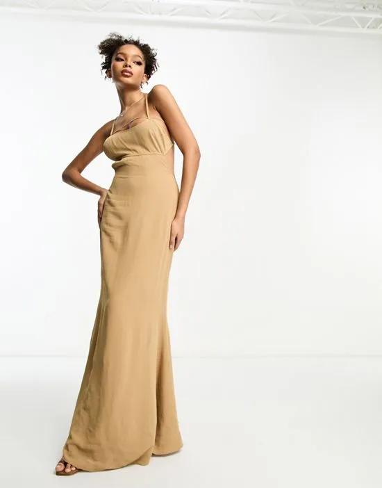 elasticated strappy maxi dress with open back in tan