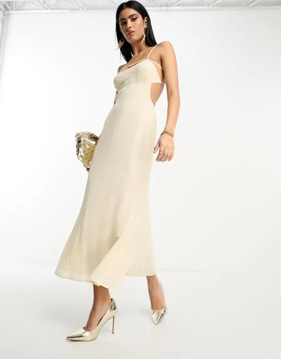 elasticated strappy midi dress with open back in ivory