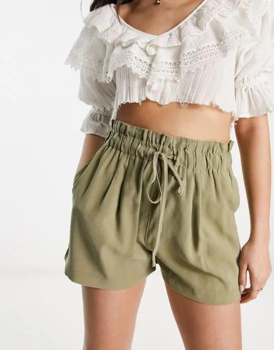elasticated waist linen look shorts in khaki