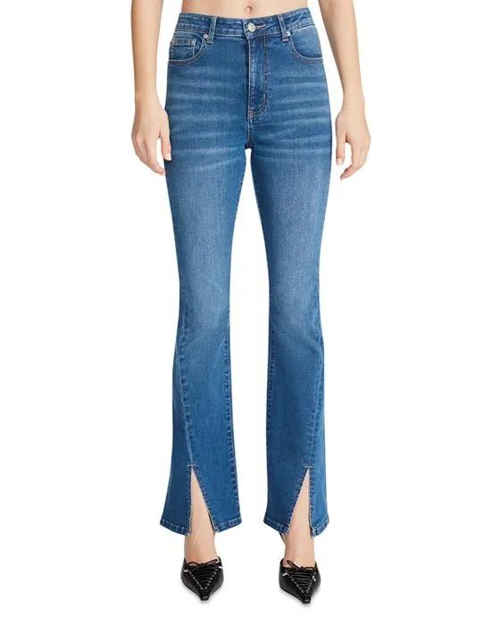 Elia Front Slit High Rise Flare Jeans in Medium Blue