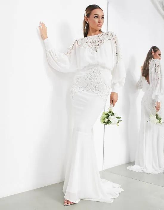 Ella blouson sleeve beaded cutwork wedding dress in cream