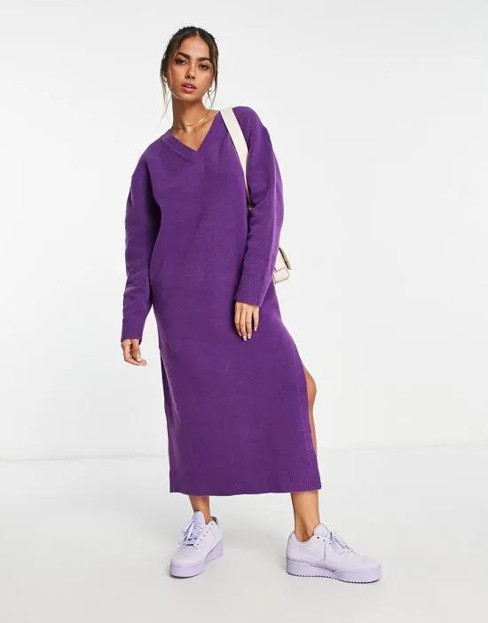 Ellen midi sweater dress with v neck detail in purple