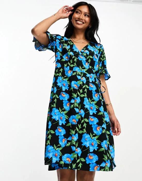 elma mini wrap dress in blue floral print