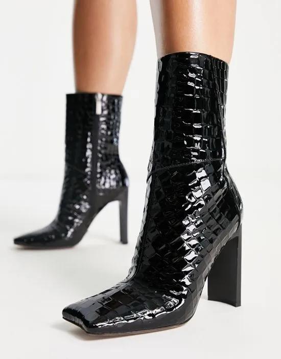 Elude square toe high-heeled boots in black croc