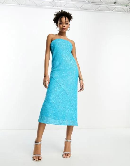 embellished bandeau midi dress in all-over sequin in turquoise