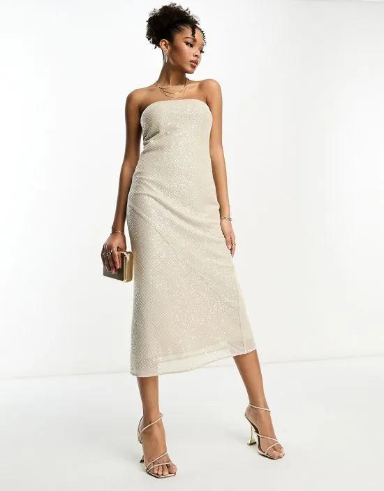 embellished bandeau midi dress in allover sequin in stone