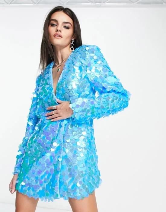 embellished blazer dress in blue disc sequin