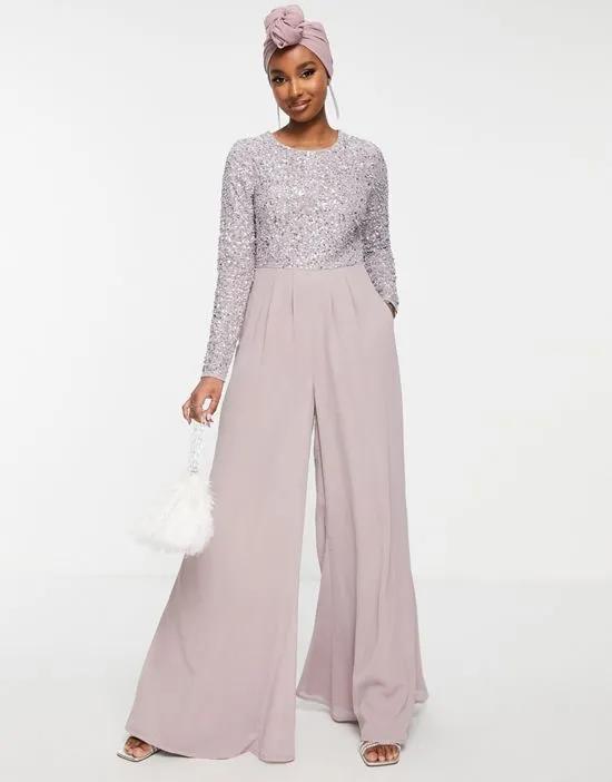 embellished bodice jumpsuit in gray lilac