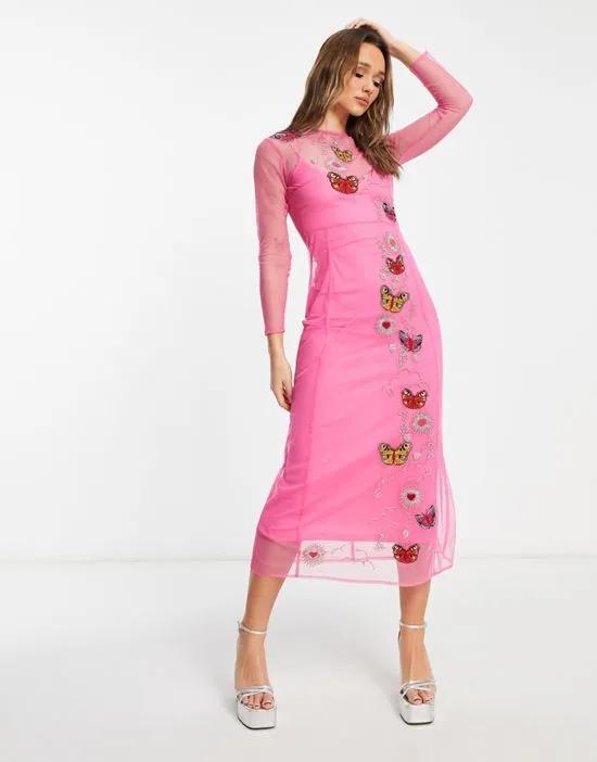 embellished butterfly maxi dress in pink