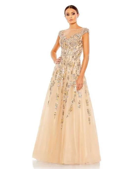 Embellished Cap Sleeve Cutout Back Gown