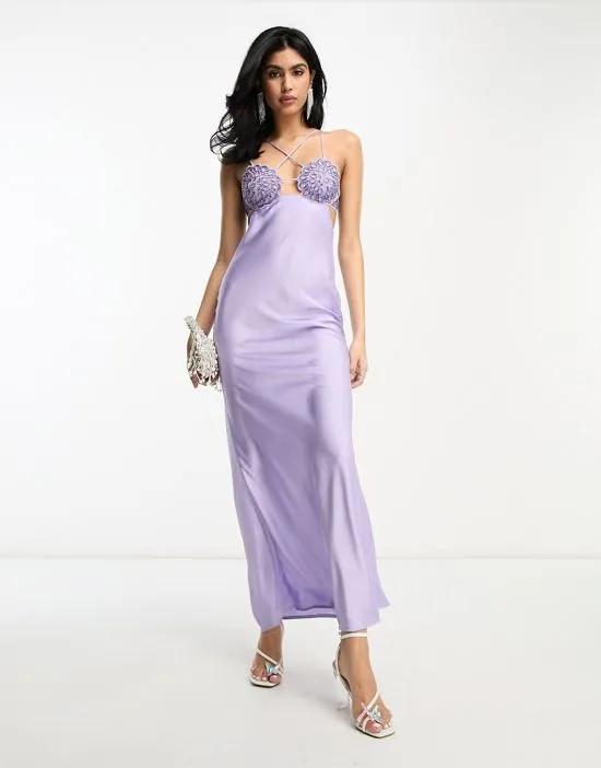 embellished crochet cut out satin midi dress in purple
