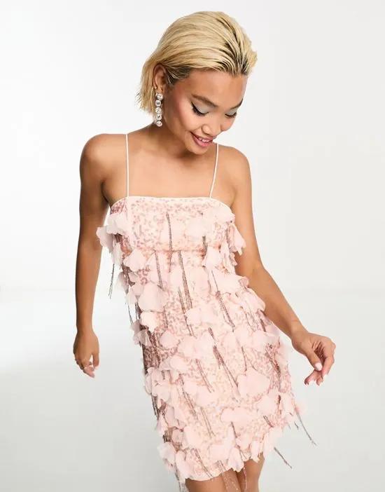 embellished cut out mini dress with tassel and floral corsage detail in pink