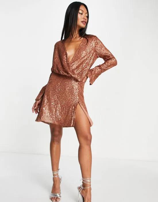 embellished drape detail mini dress with button detail in bronze