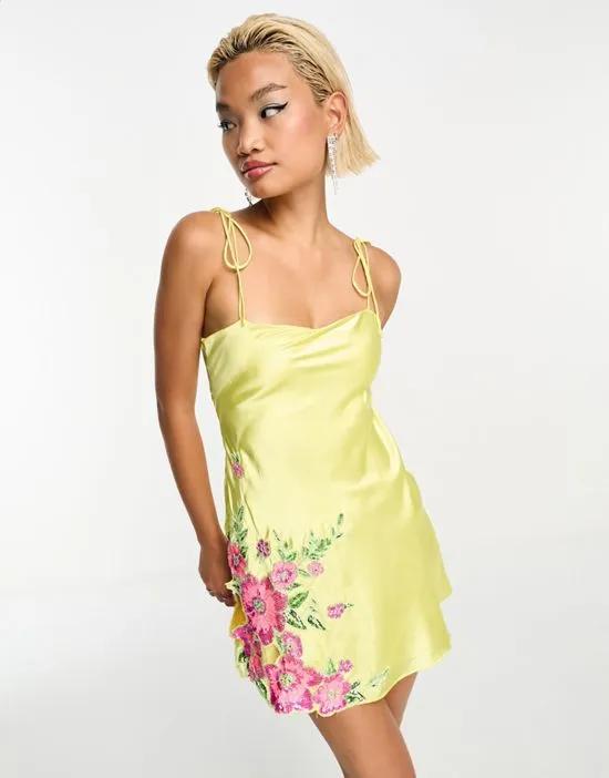 embellished floral applique satin mini dress in yellow