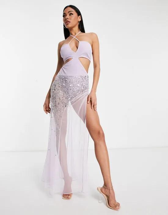 embellished halter cut-out sheer maxi dress in lilac
