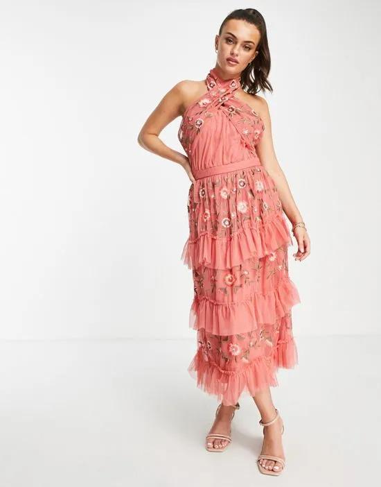 embellished halter neck tulle midi dress in coral