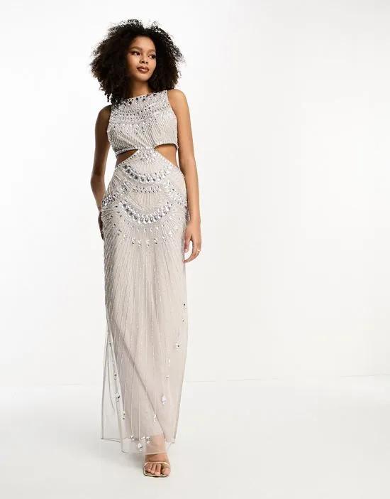 embellished jeweled mesh cut out maxi dress in beige