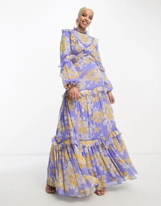 embellished lace trim maxi dress with blouson sleeve in lilac floral print