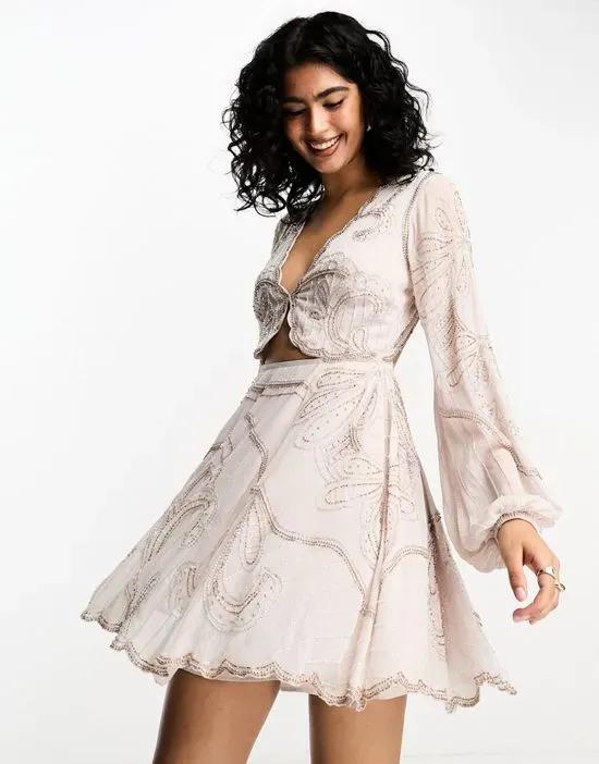 embellished long sleeve cut out mini dress in lilac