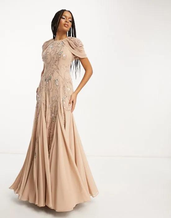 embellished maxi dress with godet skirt and drape sleeves in light pink