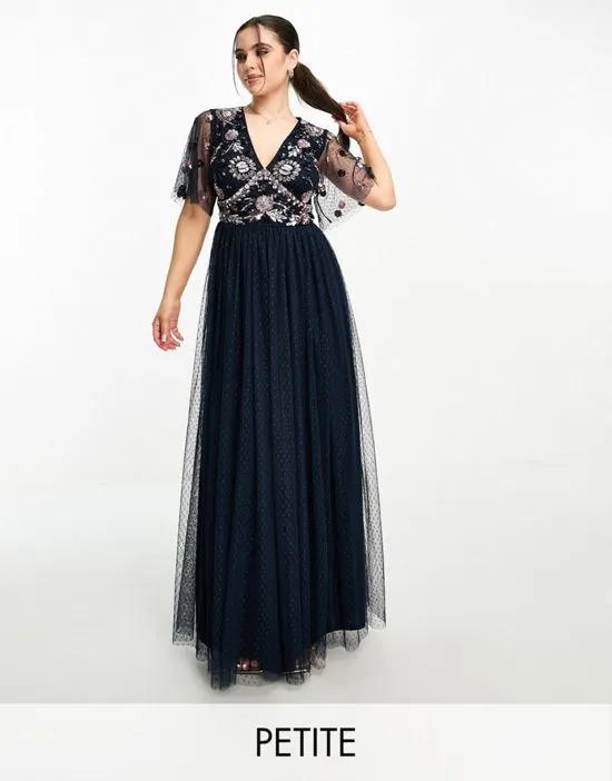 embellished maxi dress with tulle skirt in navy