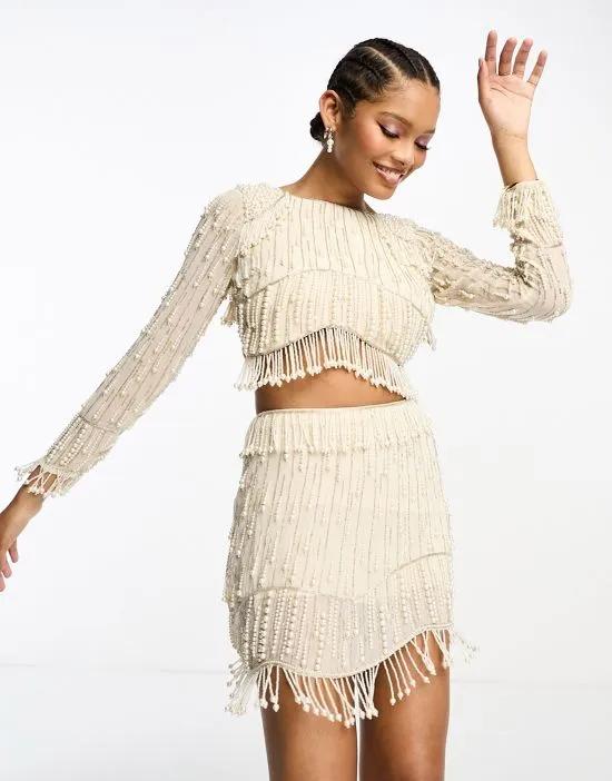 embellished pearl wrap waist mini dress with encrusted shoulder detail in taupe