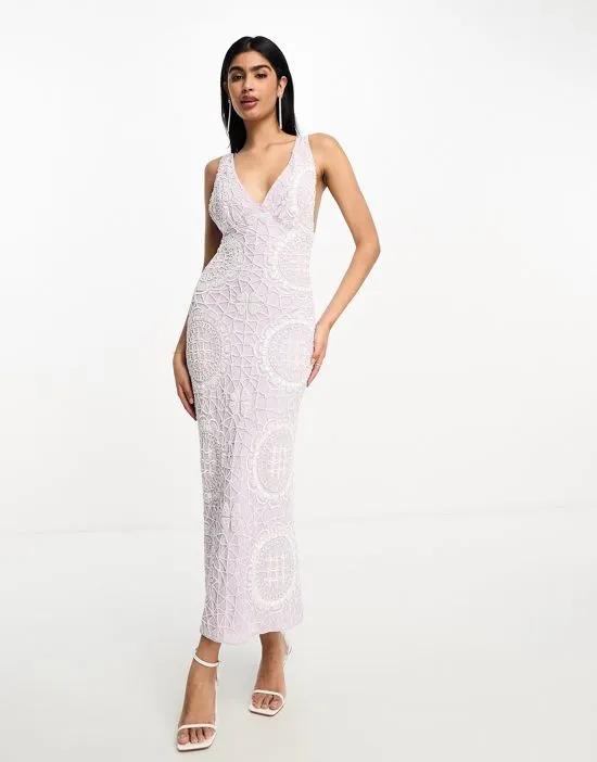 embellished plunge midi dress with tie back detail in lilac