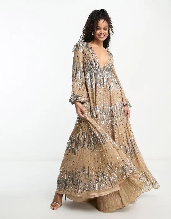 embellished scatter sequin plunge maxi dress with balloon sleeves in taupe