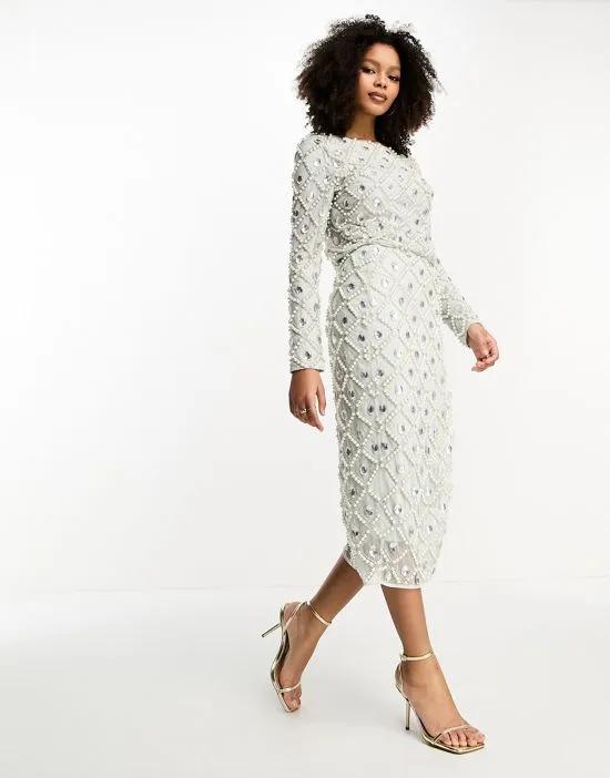 embellished sequin and pearl midi skirt with split detail in cream - part of a set