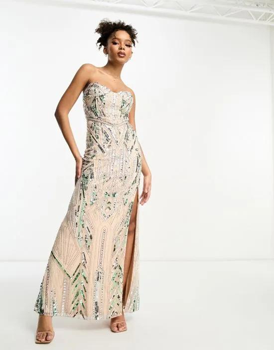 embellished sequin bandeau maxi dress in beige and mint
