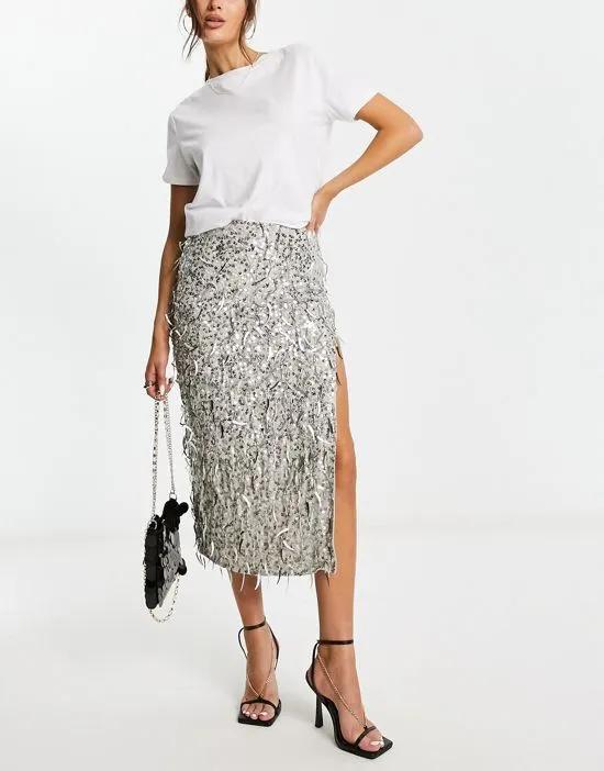embellished sequin midi skirt in silver