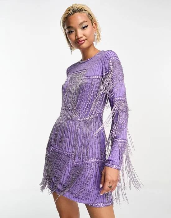 embellished shift mini dress with beaded fringe in purple