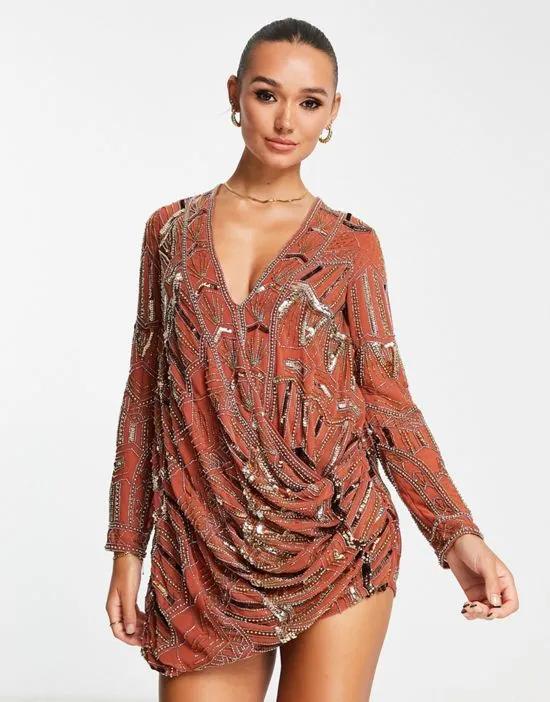 embellished shift mini dress with drape front detail in rust