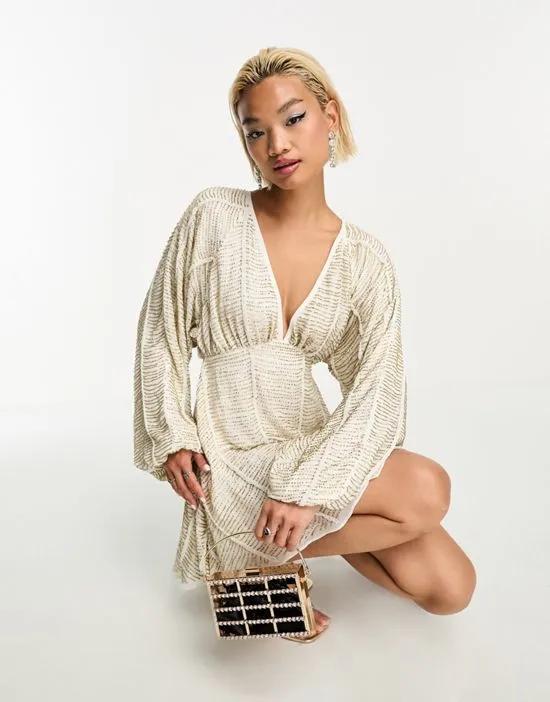 embellished smock mini dress with gold linear embellishment