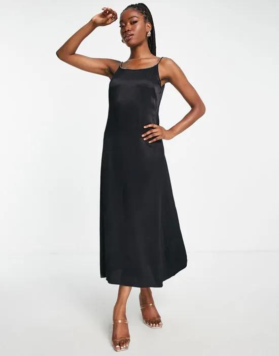 embellished strap midi dress in black