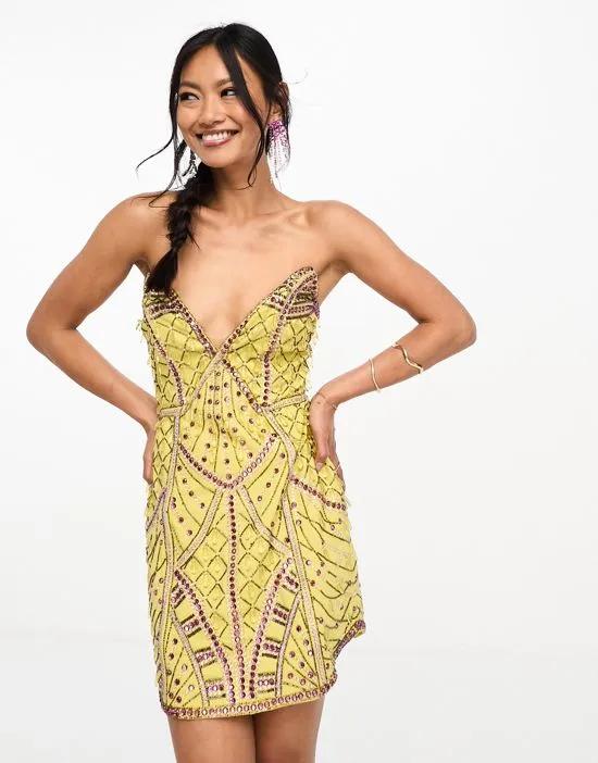 embellished structured plunge mini dress with curve hem in yellow