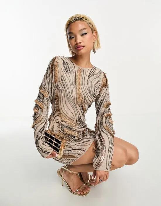 embellished swirl mini dress with texture detail in taupe