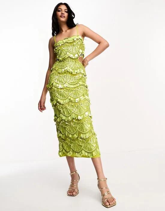 embellished teardrop sequin midi dress with cut out waist detail in lime