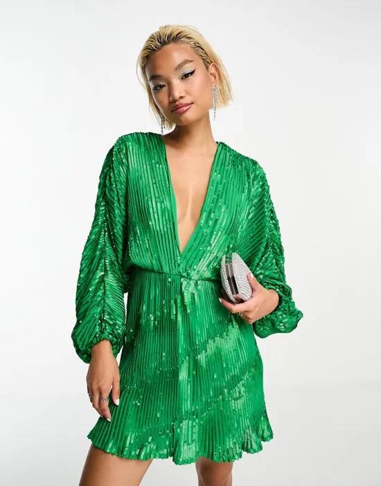 embellishment mini dress in green with blouson sleeve