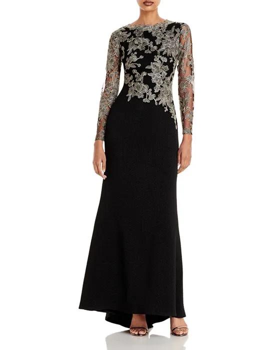Embroidered-Bodice Crepe Gown