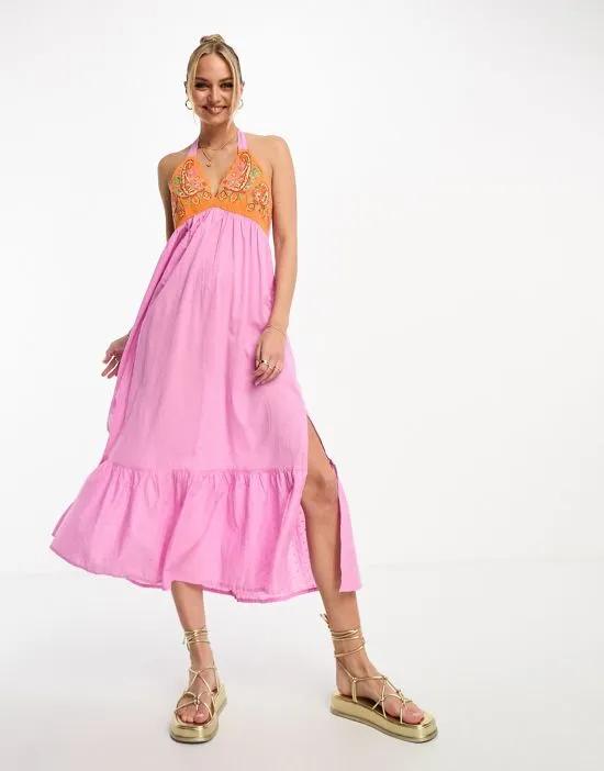 embroidered bodice maxi dress in orange and pink