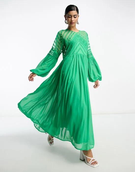 embroidered bodice oversized maxi dress in green