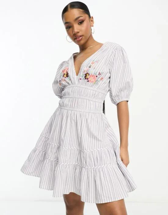embroidered channel detail mini tea dress with puff sleeve in stripe