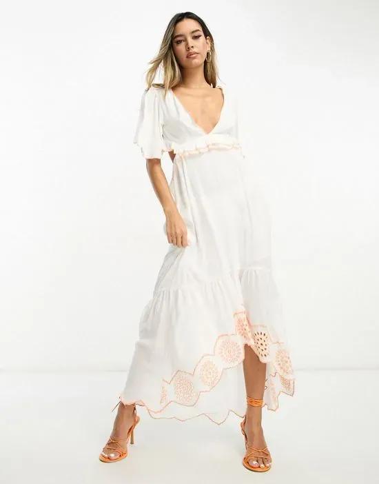 embroidered cut out maxi beach dress in white