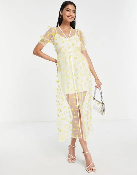 embroidered daisy maxi dress in yellow