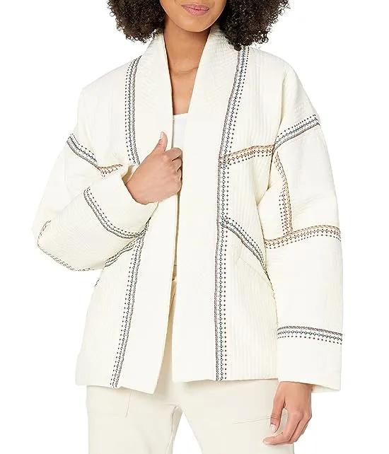 Embroidered Detail Kimono Quilted Jacket in Pure Bliss