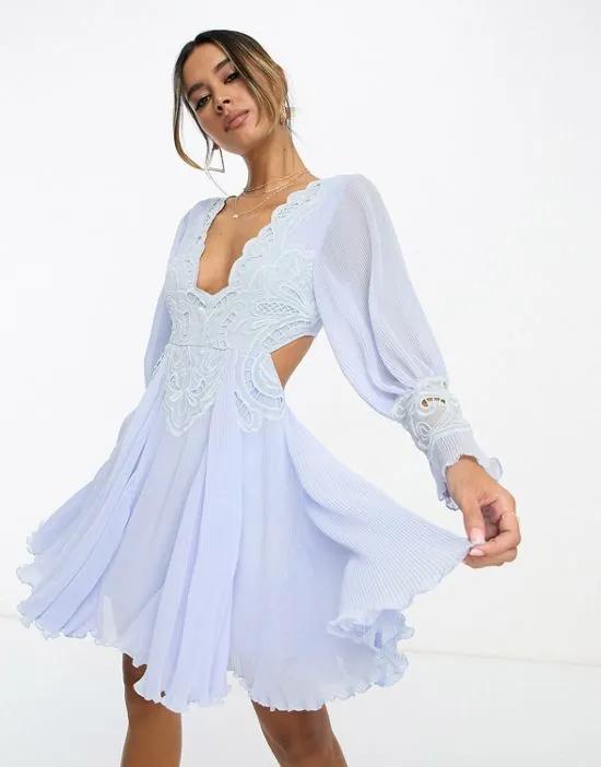 embroidered floral cutwork pleated cut out mini dress in light blue